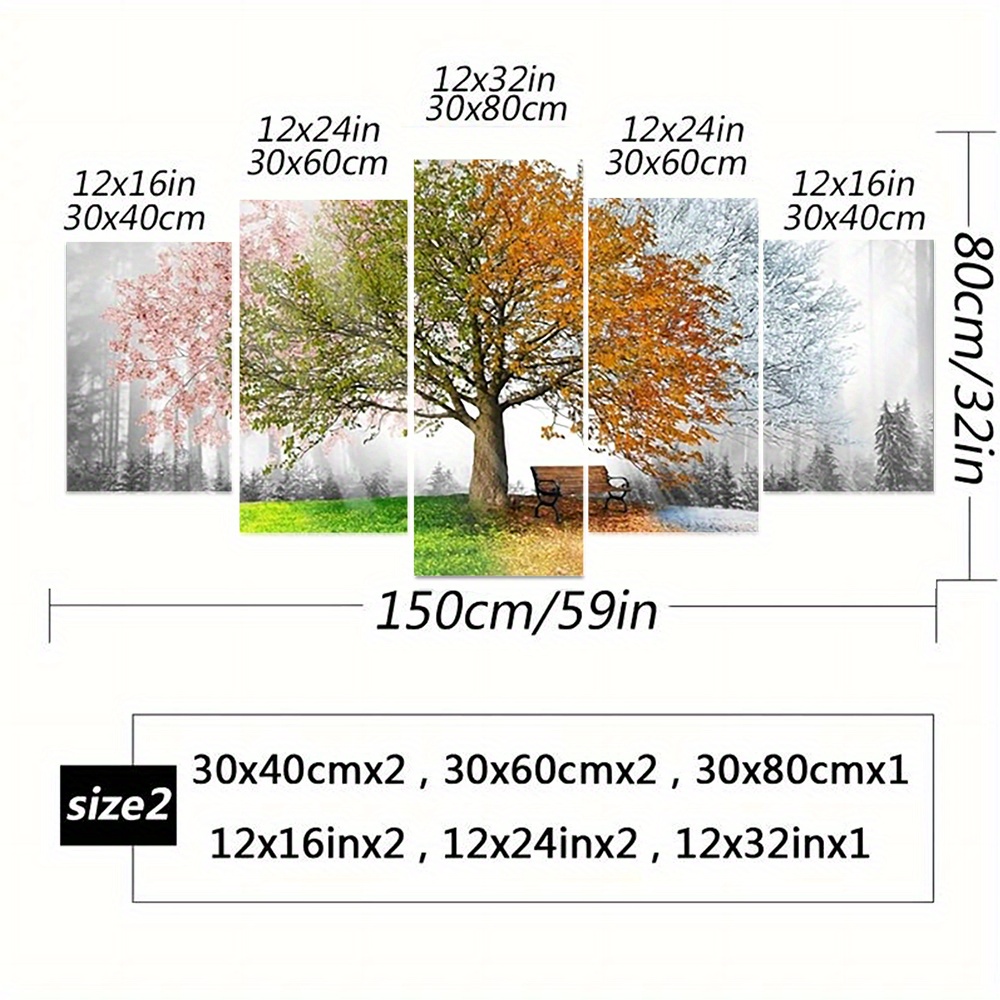 TEMU Set di 5 quadri su tela incorniciati 2D, raffiguranti le quattro , murale vivace albero della vita, poster albero , decorazioni estetiche per ,