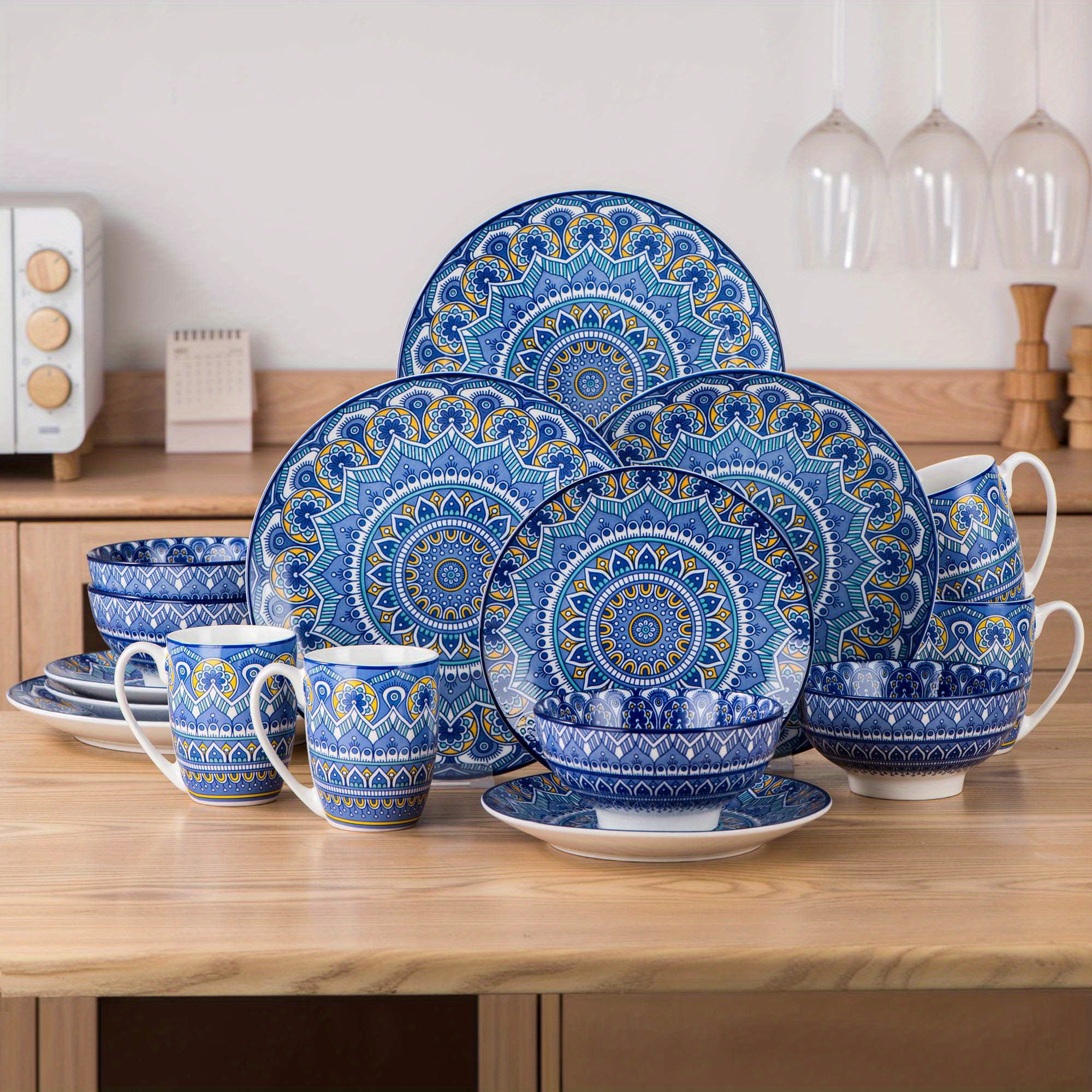 

16pcs Stoneware Blue Dinnerware Set With / Dessert Plate/ Cereal Bowl/ Mug, Service For 4