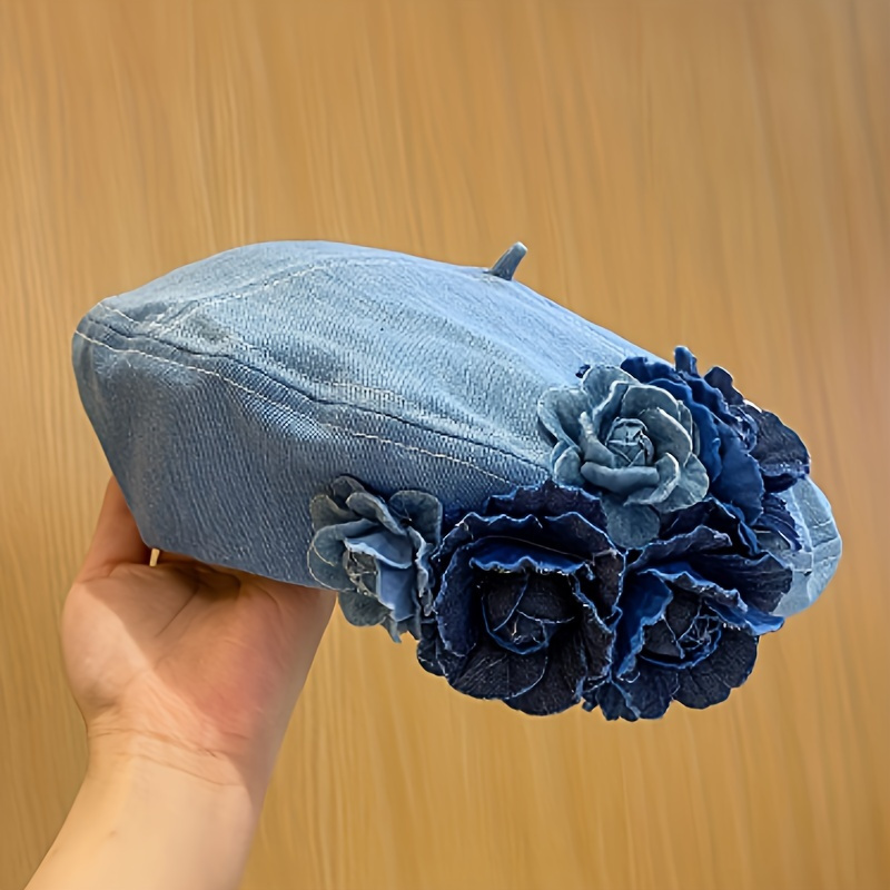 

1pc Women's Retro Blue Denim Flower Decoration Beret Hat, Versatile Breathable Outdoor Travel Beret Hat