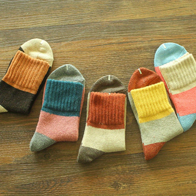 Image of 5 Pairs Of Women's Multicolored Wool Socks For Autumn And Winter, Thick And Warm Mid-calf Socks