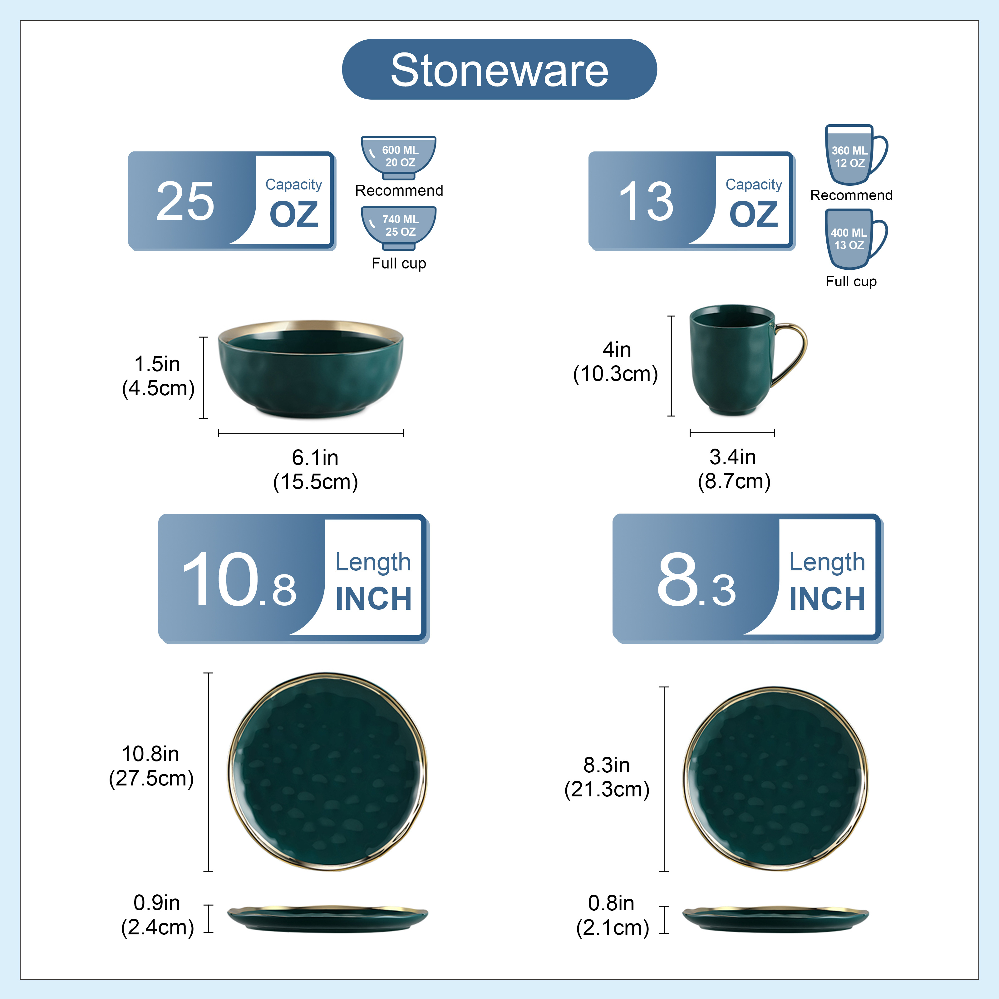 E-shop 16-teiliges dunkelgrünes und goldenes Tontopf Geschirrset, handgefertigtes Geschirr mit goldenem Rand, spülmaschinenfestes Dinner Set