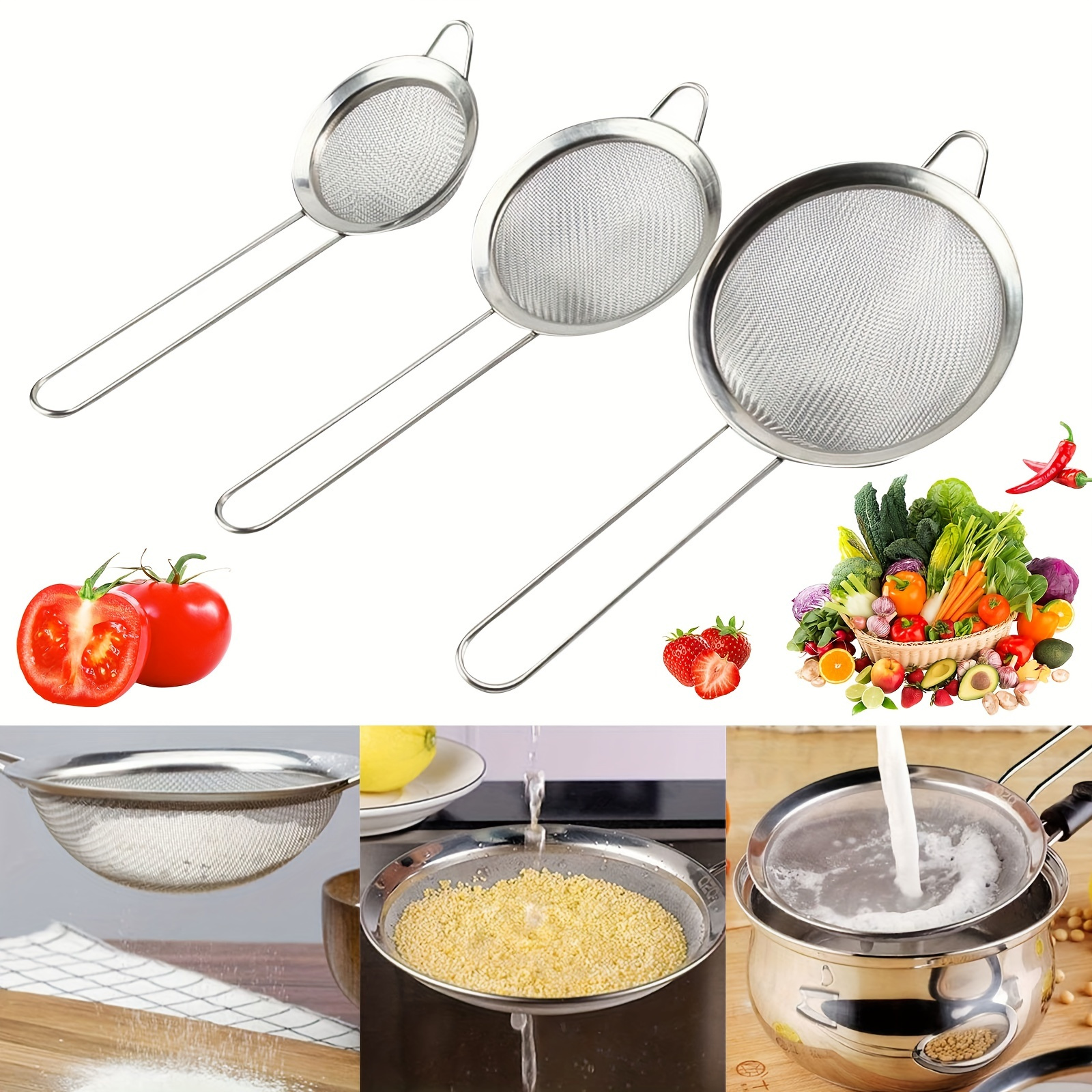 

3pcs Steel Strainer Set - Long- Sieves For , Tea, & Oil Filtration