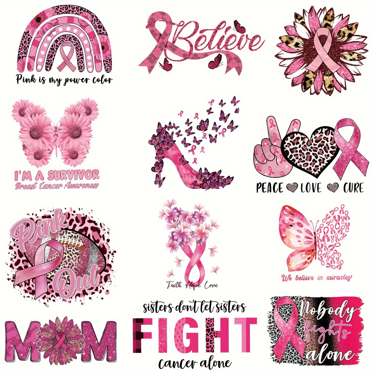 

12-pack Inspirational Breast Cancer Awareness Iron-on Transfers In Vinyl, Mixed Color - Diy Heat Transfer Patches For Clothing & Accessories, Portable & Reusable, Diverse Designs For Custom Projects