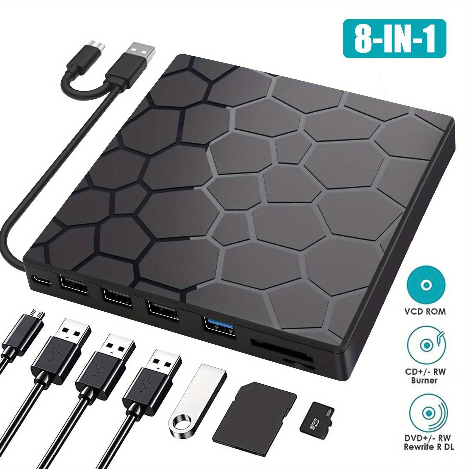 TEMU External Cd/ Dvd Drive For Laptop 8in 1 Usb 3.0 Portable Dvd Player For Laptop Burner External Drive Optical Compatible Laptop Desktop Windows