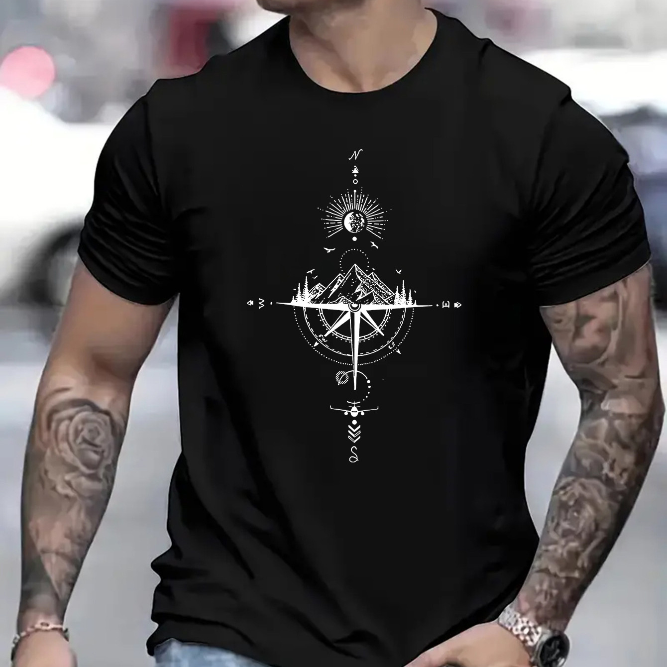 

Explorers, Compass & Yamagata Print Men's T-shirts, Men's Novel Pattern Design T-shirts, Summer Casual And Comfortable T-shirts, Fashionable Comfortable And Versatile Summer T-shirts.