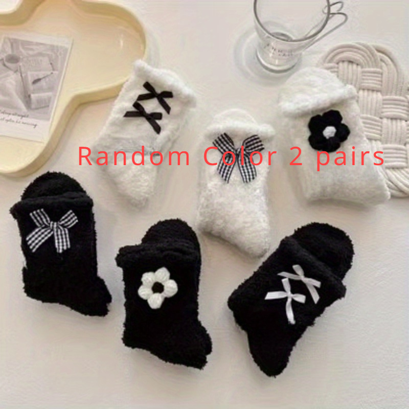 TEMU 2 Paar Korallenfleece-Socken in zufälligen Farben für Damen, mittelhohe Socken, Fleece-Socken für Herbst und Winter, dicke, warme, bequeme