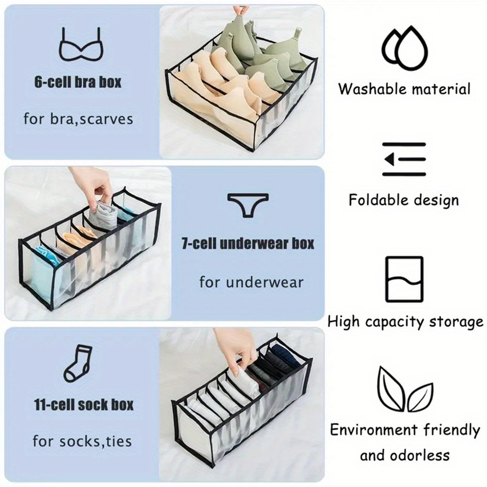 3 piece fabric underwear socks clothes storage organizer set foldable drawer divider boxes for closet     thickened cabinet organizers suitable   14 details 4