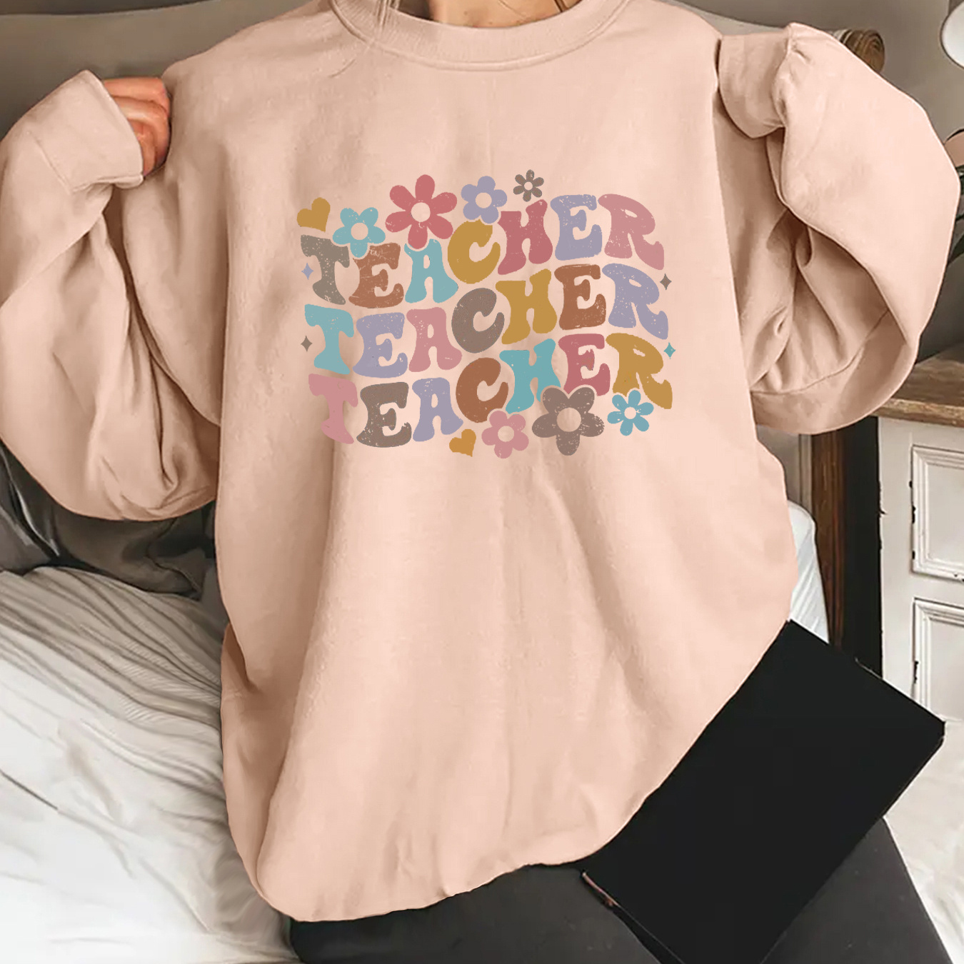 

Teacher Print Pullover Sweatshirt, Casual Long Sleeve Crew Neck Sweatshirt For Fall & Spring, Women's Clothing