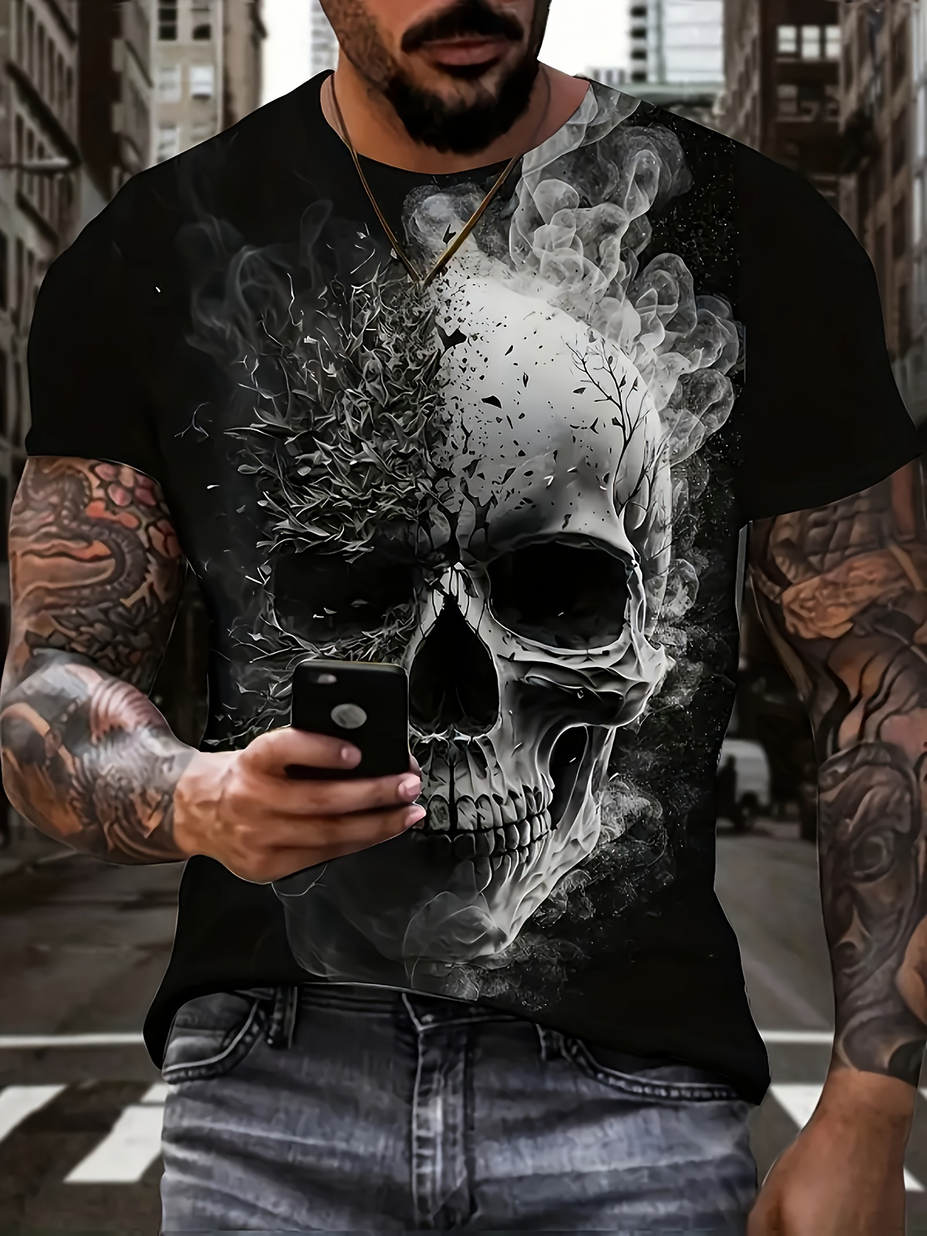 Novelty 3D Horror Skull Print Men's Crew Neck Short Sleeve T-Shirt Casual Summer T-Shirt For Daily Wear And Vacation Resorts