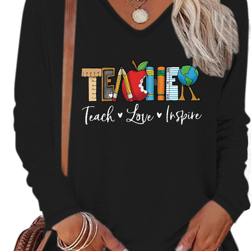 

T-shirt, Long Sleeve V Neck Casual Top For Spring & Fall, Women's Clothing