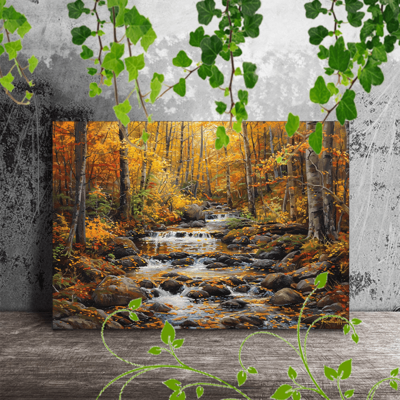 

1pc Wooden Framed Canvas Painting Artistic Printing, Corridor Home Living Room Decoration Suspensibility Autumn Forest Creek