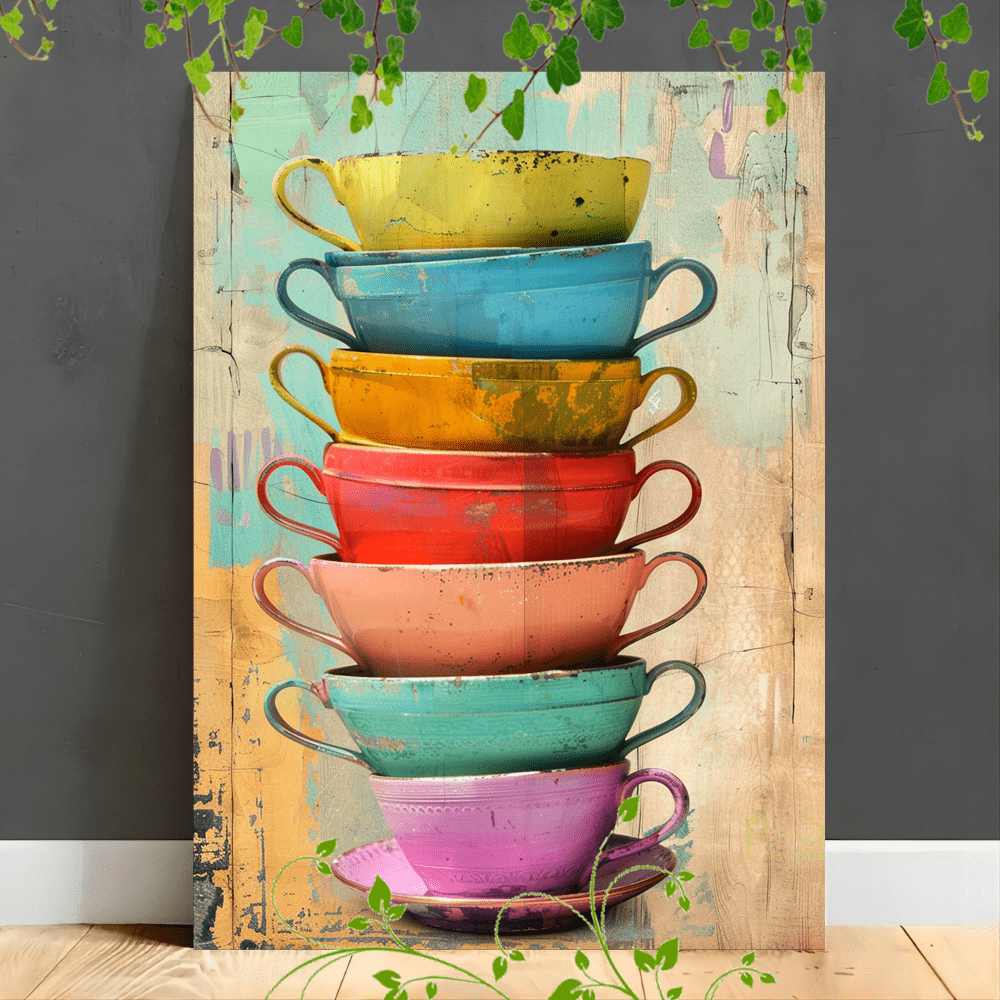 

1pc Wooden Framed Canvas Painting Artistic Printing, Corridor Home Living Room Decoration Suspensibility Colorful Stacked Teacups Collage (1)