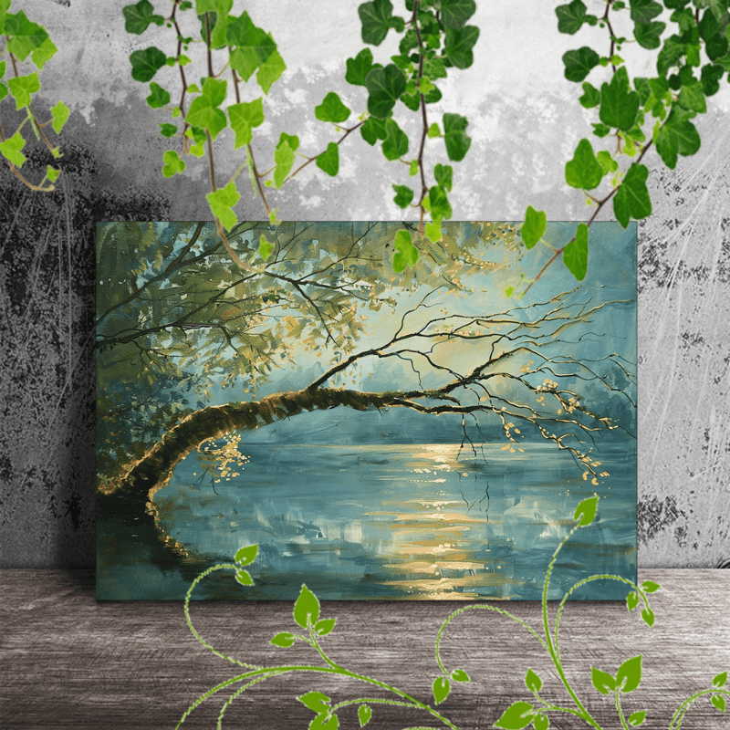 

1pc Wooden Framed Canvas Painting Artistic Printing, Corridor Home Living Room Decoration Suspensibility Serene Lake With Tree Branch