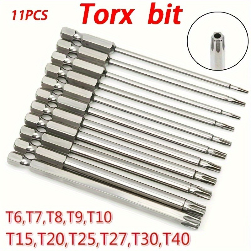 

11-piece Torx Screwdriver Bit Set, S2 Alloy Steel, Durable Hex Shank Star Bits, T6-t40, For Home Diy, Vehicle, And Electrical Repairs, Tool Kit Without Electricity - Metal Construction