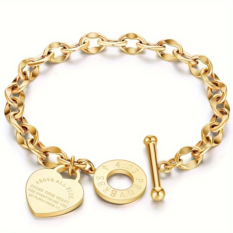 

Women's Fashion 18k Golden Plated Titanium Steel Bracelet With Heart Charm, Vintage Bohemian Style, Adjustable Clasp, All-year Round Accessory, Gift Idea