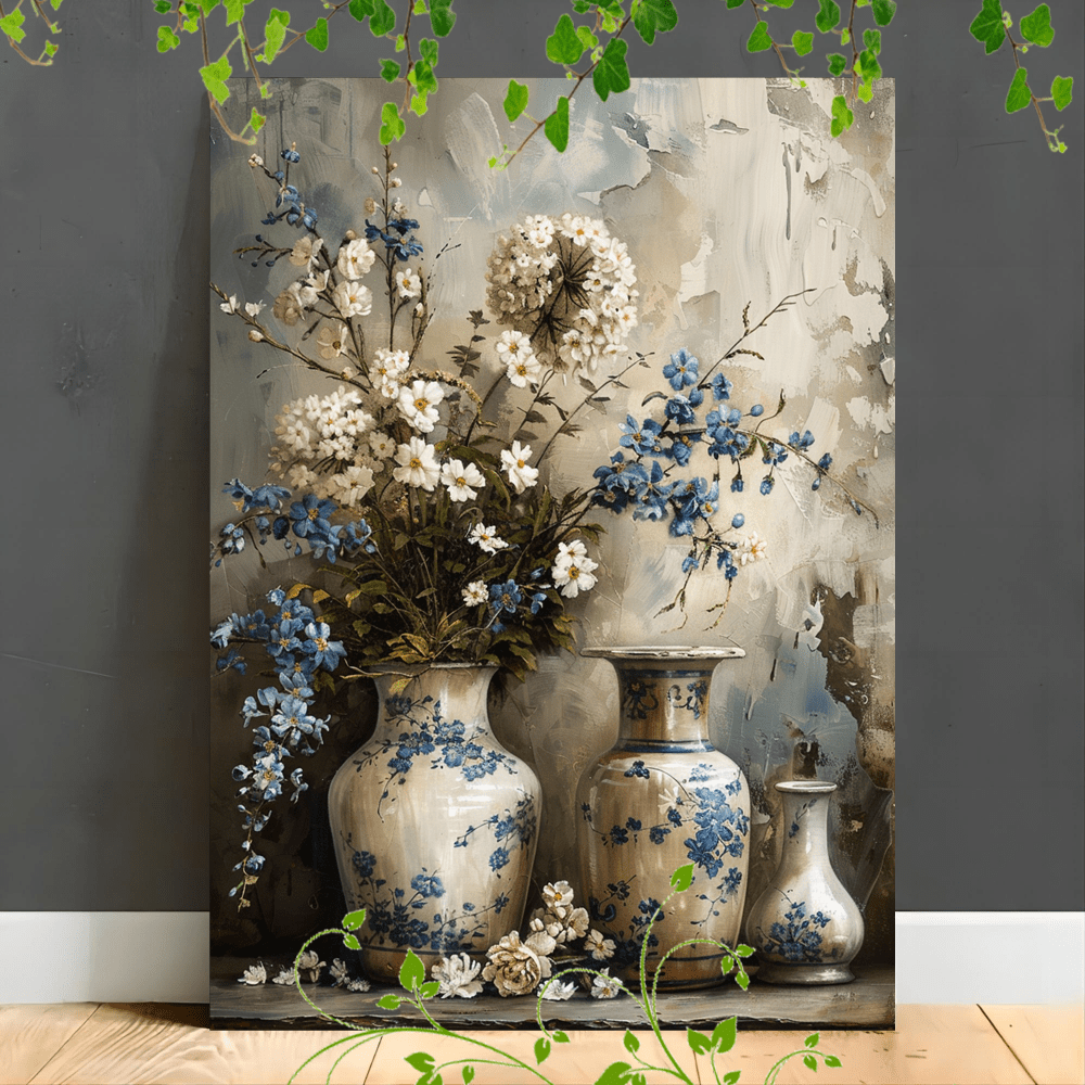 

1pc Wooden Framed Canvas Painting Artistic Printing, Corridor Home Living Room Decoration Suspensibility Vintage Jars White Blue Flowers