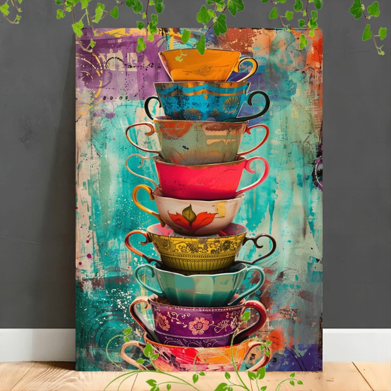 

1pc Wooden Framed Canvas Painting Artistic Printing, Corridor Home Living Room Decoration Suspensibility Colorful Stacked Teacups Collage