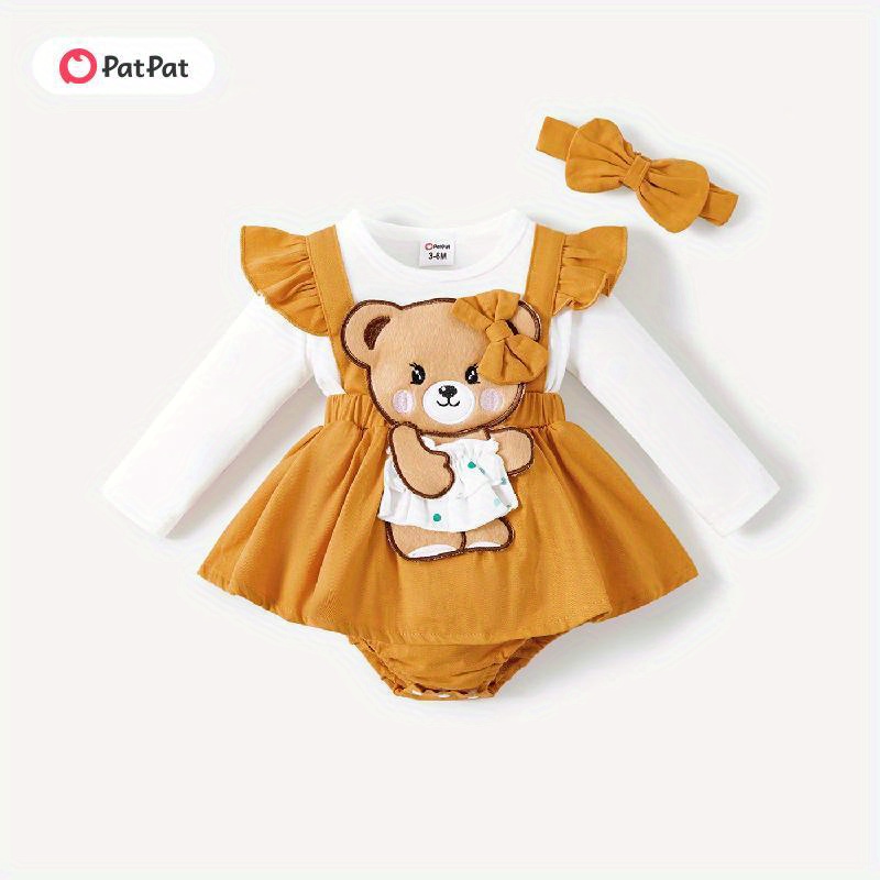 

Patpat 2pcs Baby Girl 100% Cotton Bear Graphic Ruffle Trim Long-sleeve Faux-two Romper & Headband Set
