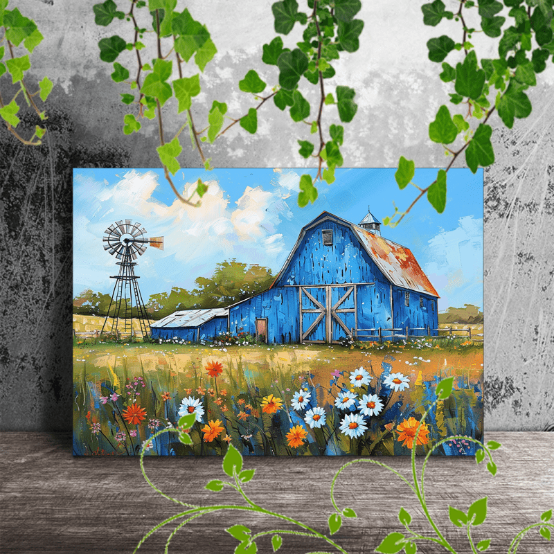 

1pc Wooden Framed Canvas Painting Artistic Printing, Corridor Home Living Room Decoration Suspensibility Blue Barn With Windmill And Flowers (1)