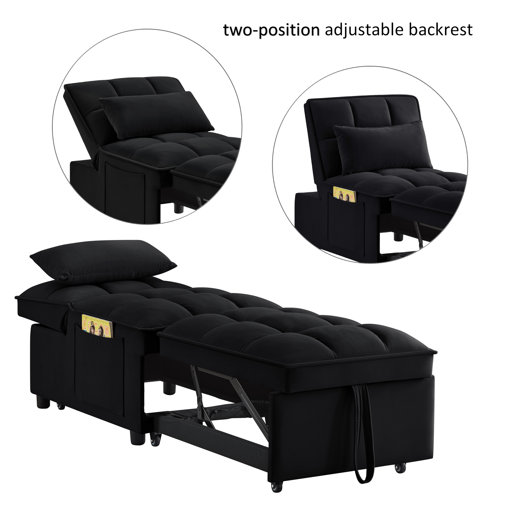 4 in1 multi function single sofa bed with storage pockets tufted single pull out sofa bed with adjustable backrest and pillows convertible chaise lounge details 2