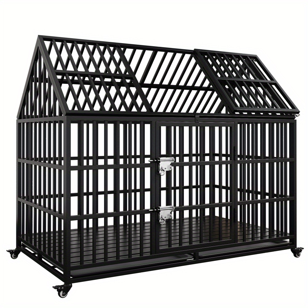 

54" Heavy Duty Dog Crate Large Dog Cage Strong Metal Dog Kennels And Crates For Large Dogs Top Open With 2 Doors 4 Lockable Wheels 2 Removable Trays