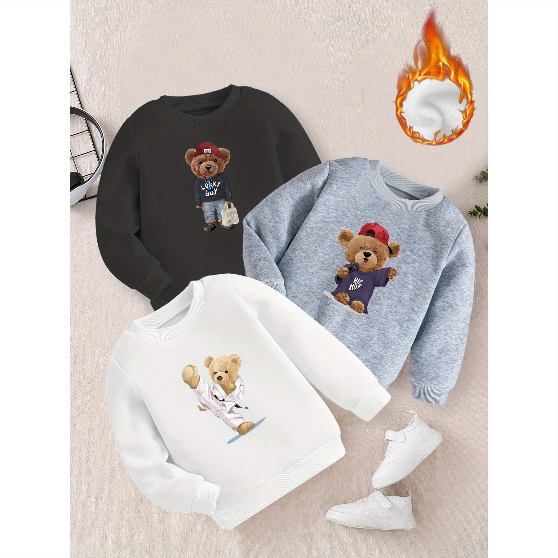 

7.4 3 Ea "printing Group Guan Zhengfan Selection" Multi-pack Sweatshirt 3 Pieces For Boys And Girls Unisex Round Neck Threaded Elastic Neck Pullover Thickened Plush Sweatshirt + Popular Printing