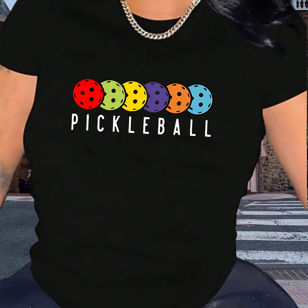 

Women's Casual Pickleball Graphic T-shirt - Polyester Spandex Blend, Crew Neck, Medium Stretch, Knit Fabric, Geometric Pattern, Summer Tee