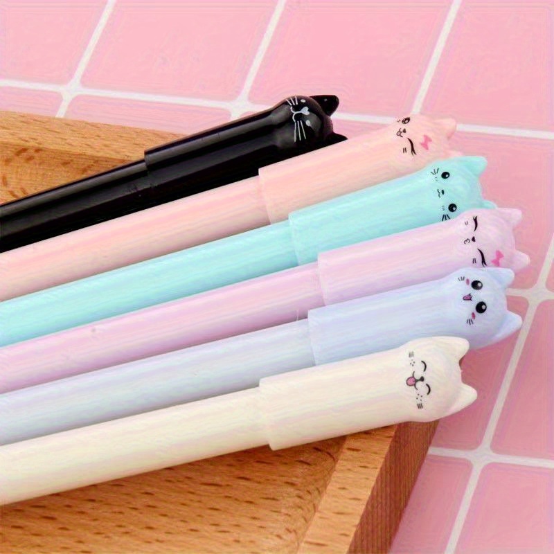 

Set Of 6 Cute Cat Gel Pens - Kawaii Cartoon Tail-wagging Kitty Design, Smooth Writing Black Gel Ink Rollerball Pens, Durable Plastic Material, Fun Stationery For Students And Cat Lovers