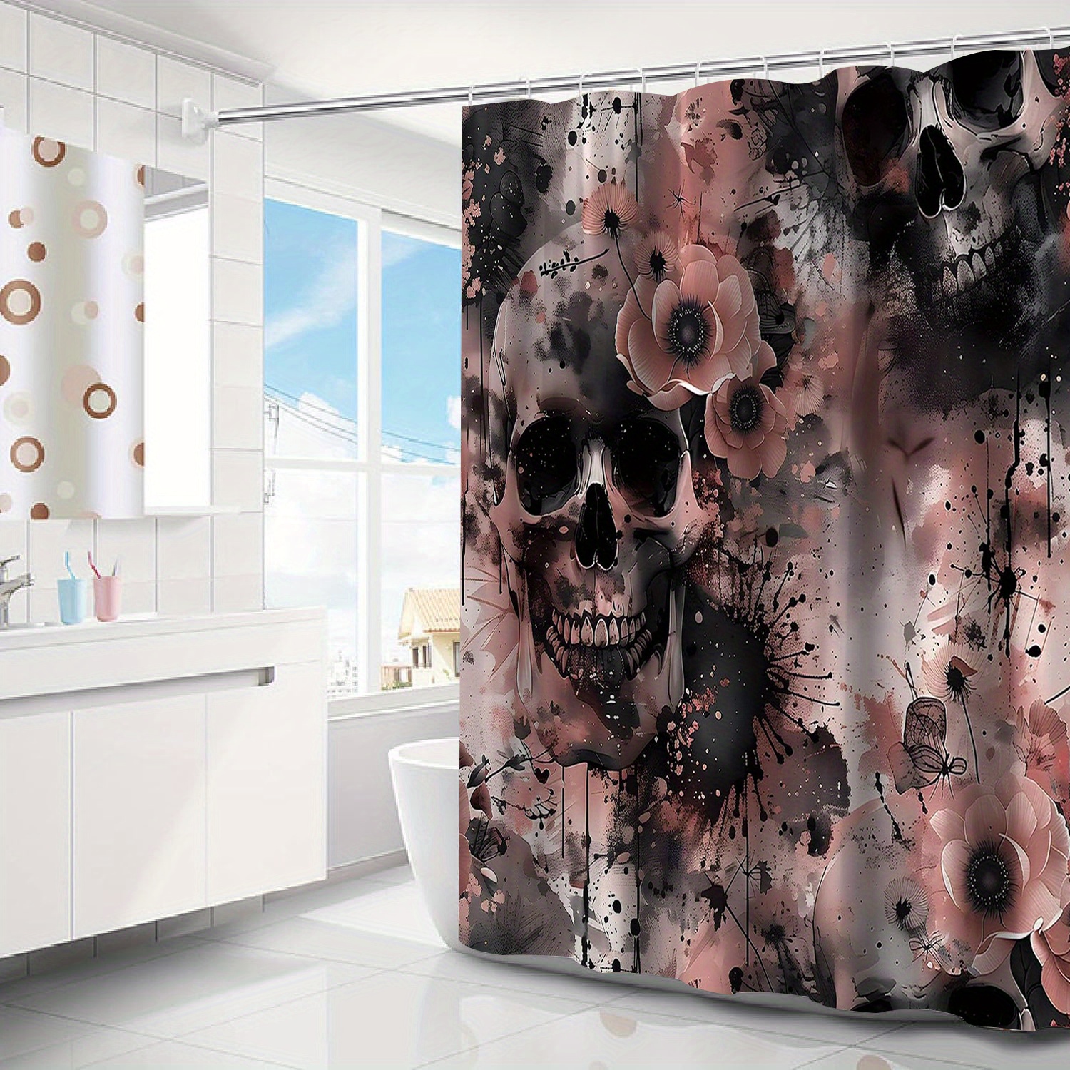 

1pc Floral Halloween Shower Curtain - Waterproof, Machine Washable Polyester Bathroom Decor With Hooks, Gothic Design, Easy To Clean, Spooky Halloween Vibes