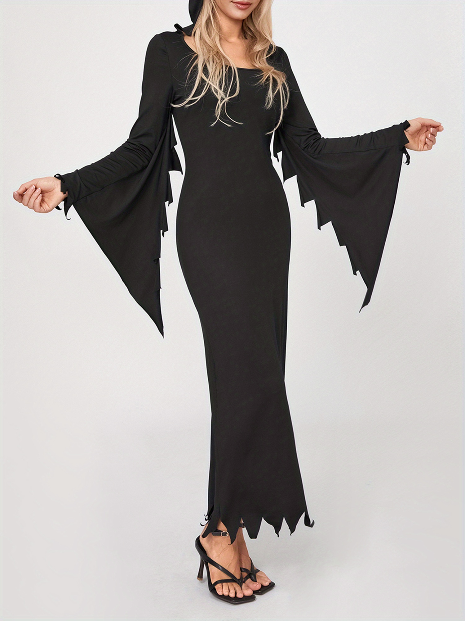 elegant black hooded gothic witch dress long sleeve bodycon - Temu