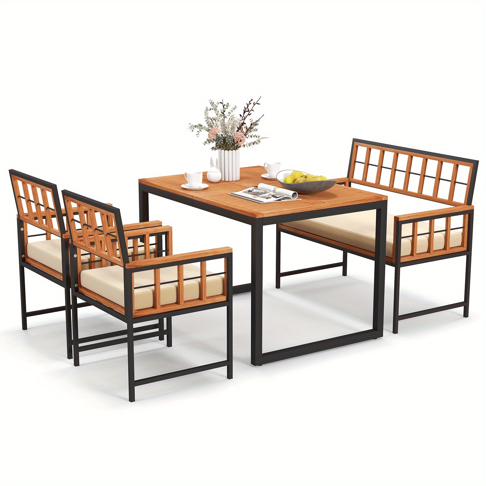 

Multigot 4 Piece Patio Dining Set Outdoor Wood Dining Furniture W/ 2 Chairs & 1 Loveseat