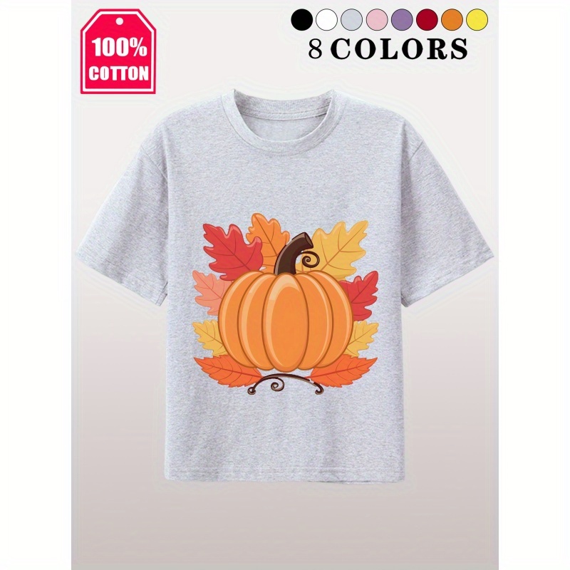 

Autumn Pumpkin Graphic Girl's T-shirt – Soft 100% Cotton, Comfy Crew Neck Short Sleeve, Casual Tee For Summer