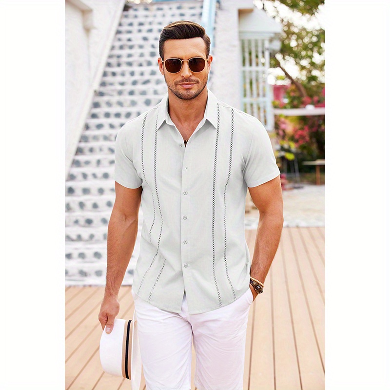 

Men's Striped Short Sleeve Lapel Shirt Top, Casual Button Up Shirt For Summer And Vacation Resorts