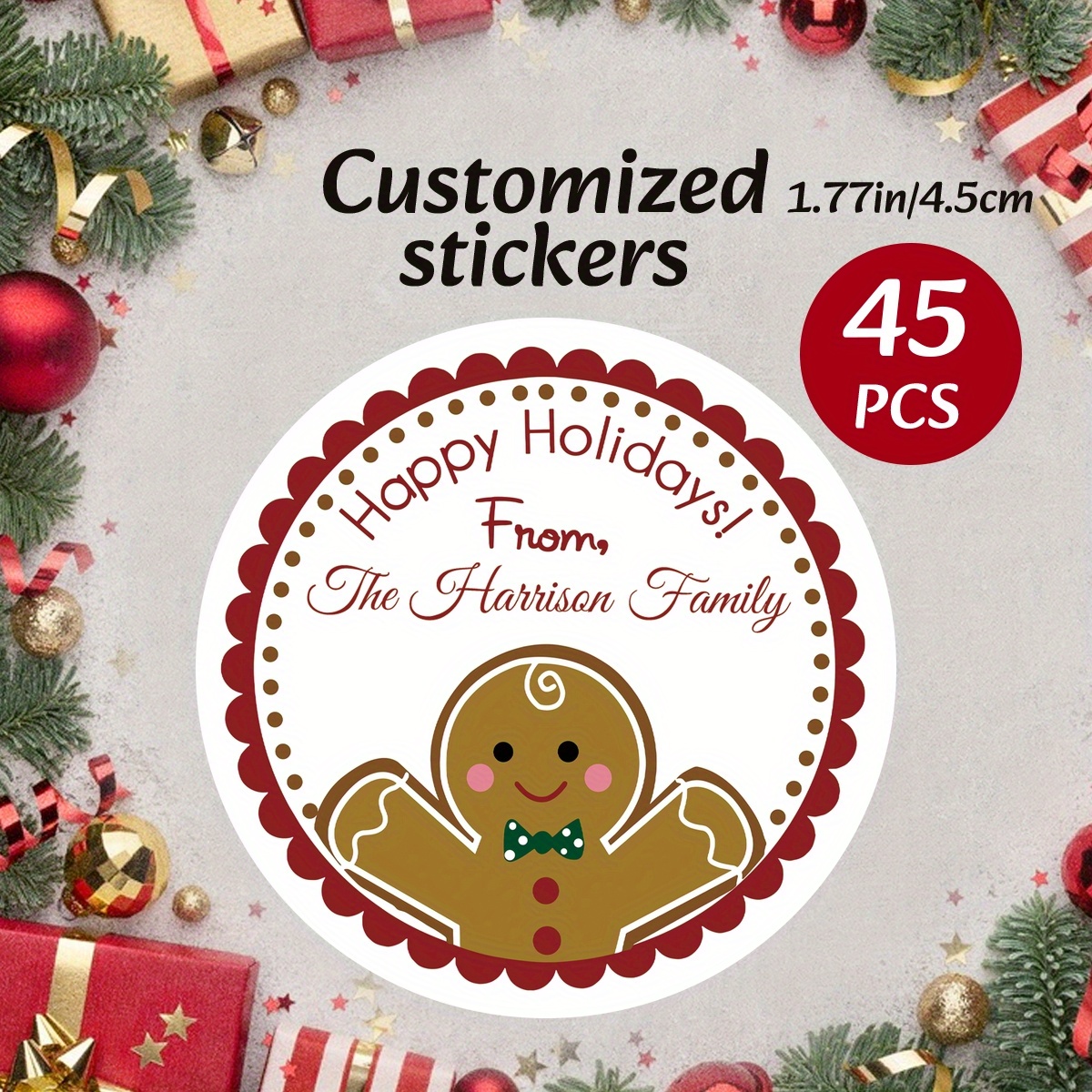 

45pcs Personalized Holiday Gingerbread Man Gift Tags With Custom Family Name, Polypropylene Self-adhesive Christmas Stickers For Candy Bags, Envelopes, And Gift Wrapping