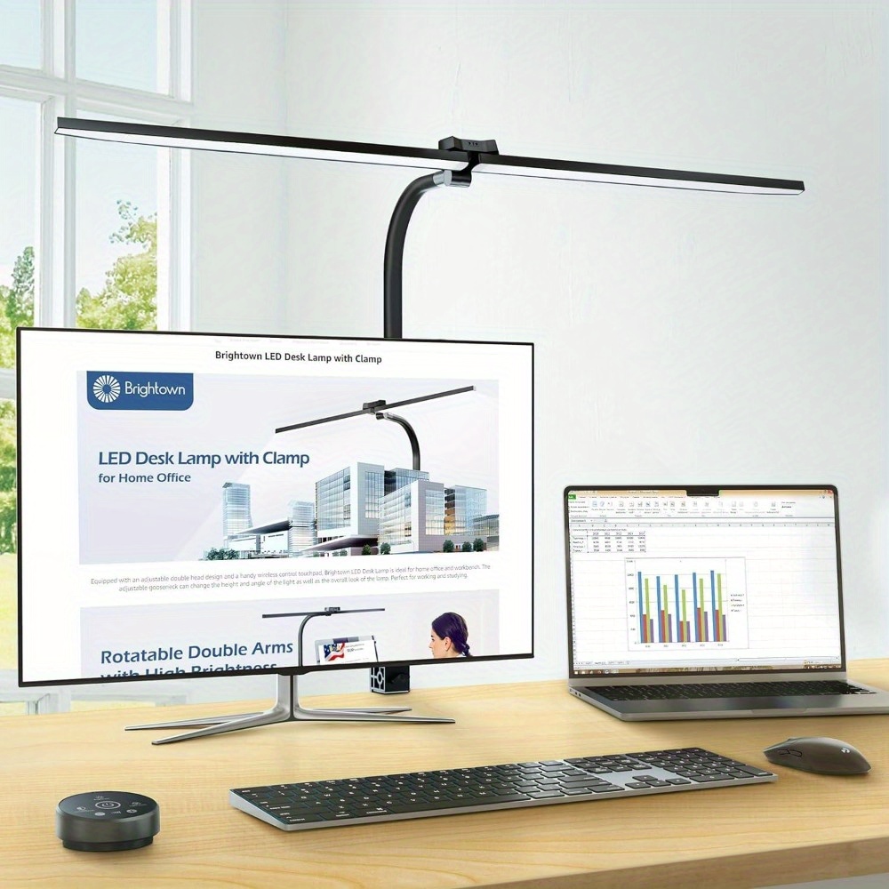 

Brightown Led Desk Lamp For Office Home, 24w Double Head Architect Desk Lamp With Clamp, Remote Control, Hand Sweep Switch, Stepless Lighting, Flexible Gooseneck Dimming Table Light