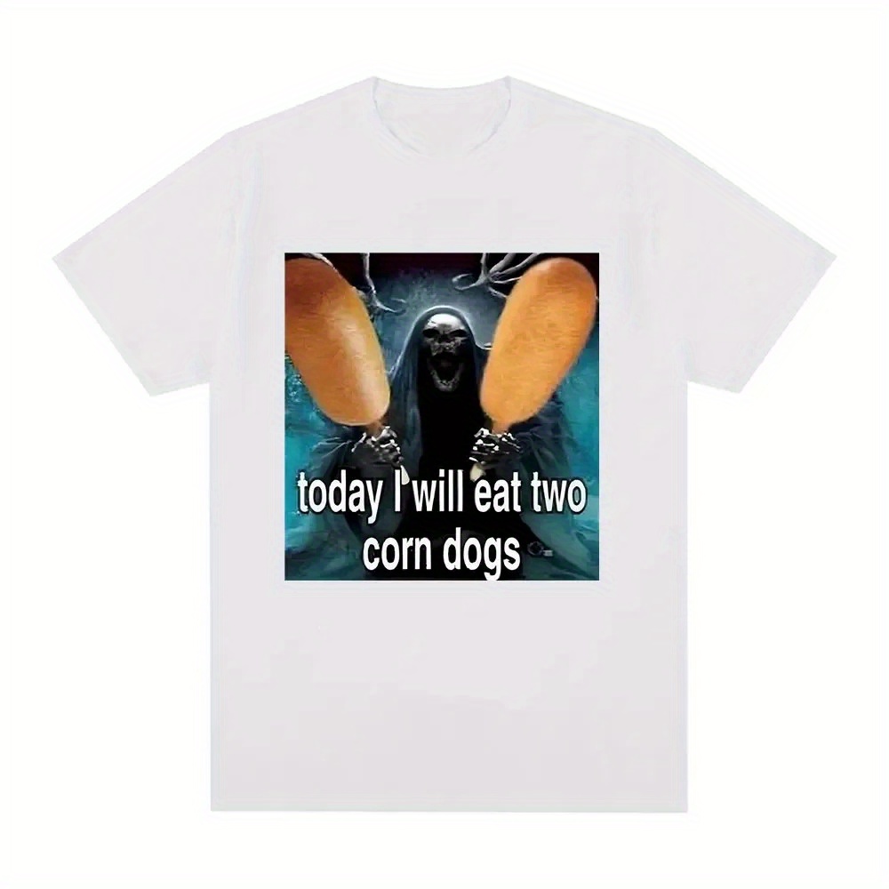 

Today I Will Eat 2 Corndogs Graphic T-shirt Skeleton Meme Men's Vintage Gothic Short Sleeve T-shirts Cotton Oversized T Shirts