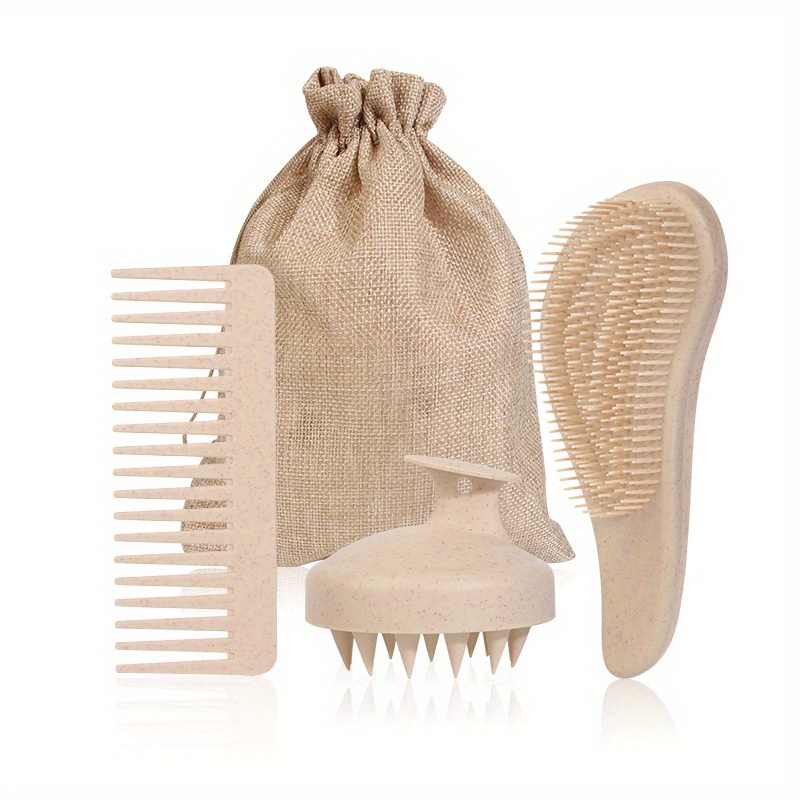 TEMU Wheat Straw Hair Care Set - Soft Bristle Comb & Portable Silicone Scalp Massager For Long Hair