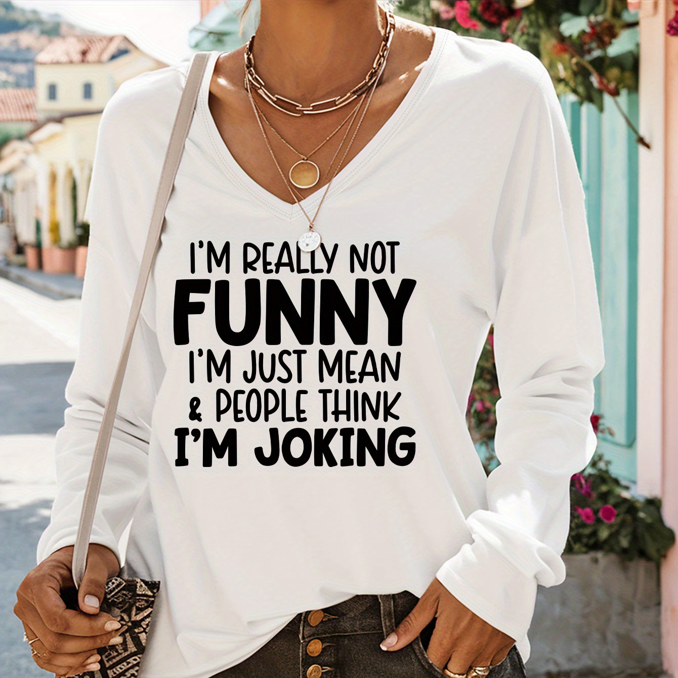 

Funny Print T-shirt, Long Sleeve V Neck Casual Top For Spring & Fall, Women's Clothing