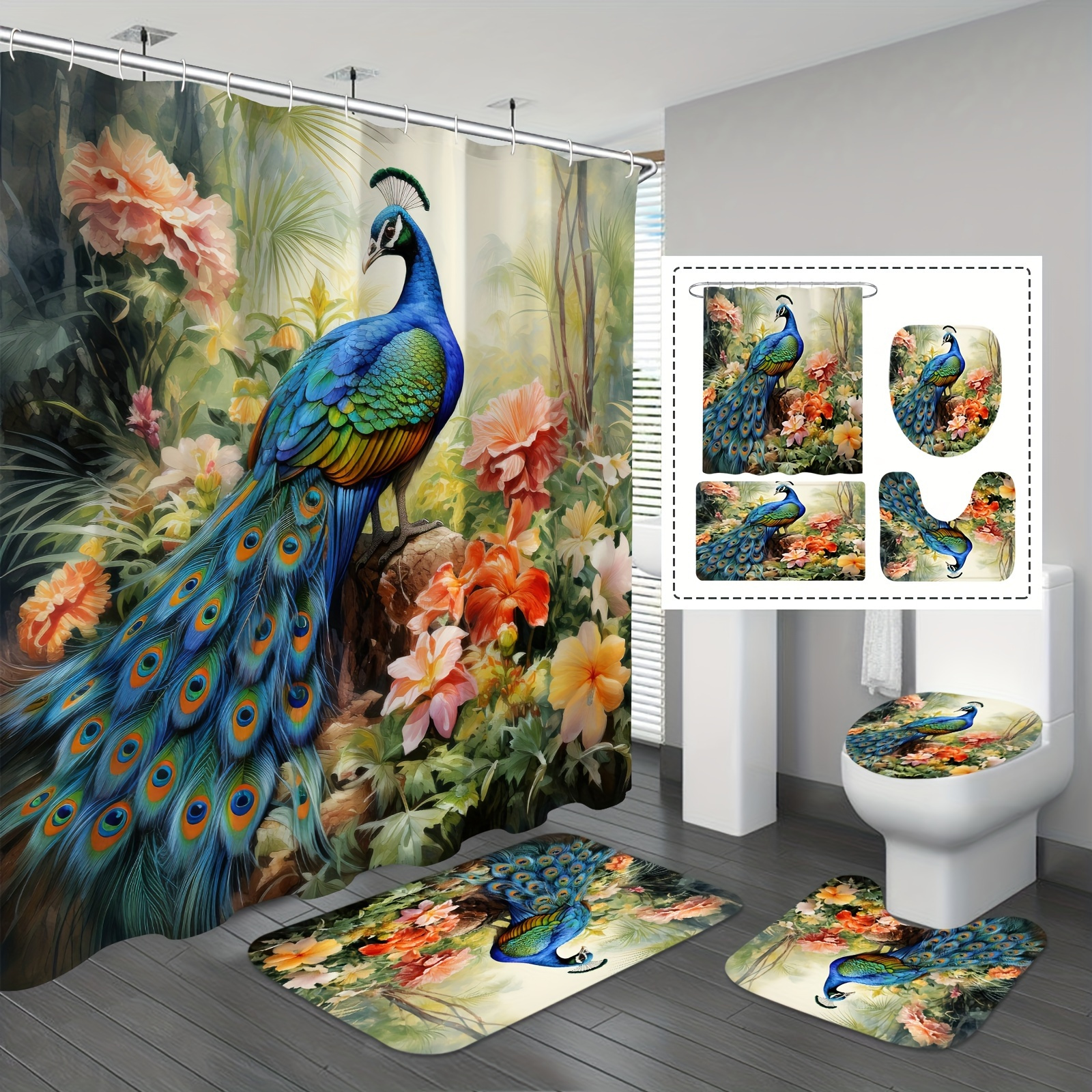 

1/ 4pcs Peacock Paradise Shower Curtain Set - Artistic Floral Design, Waterproof Bath Curtain With 12 Hooks, Luxury U, Toilet, And L Mats - Complete Bathroom Decor