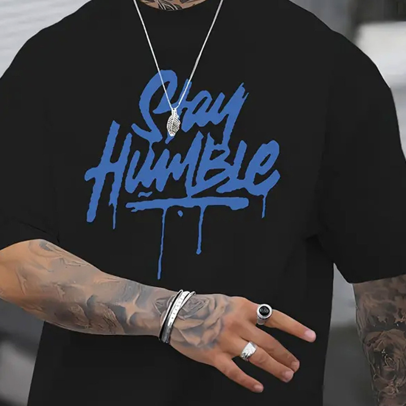 

Men's Casual Novelty T-shirt, "stay Humble" Blue Letter Print Short-sleeved Summer Top