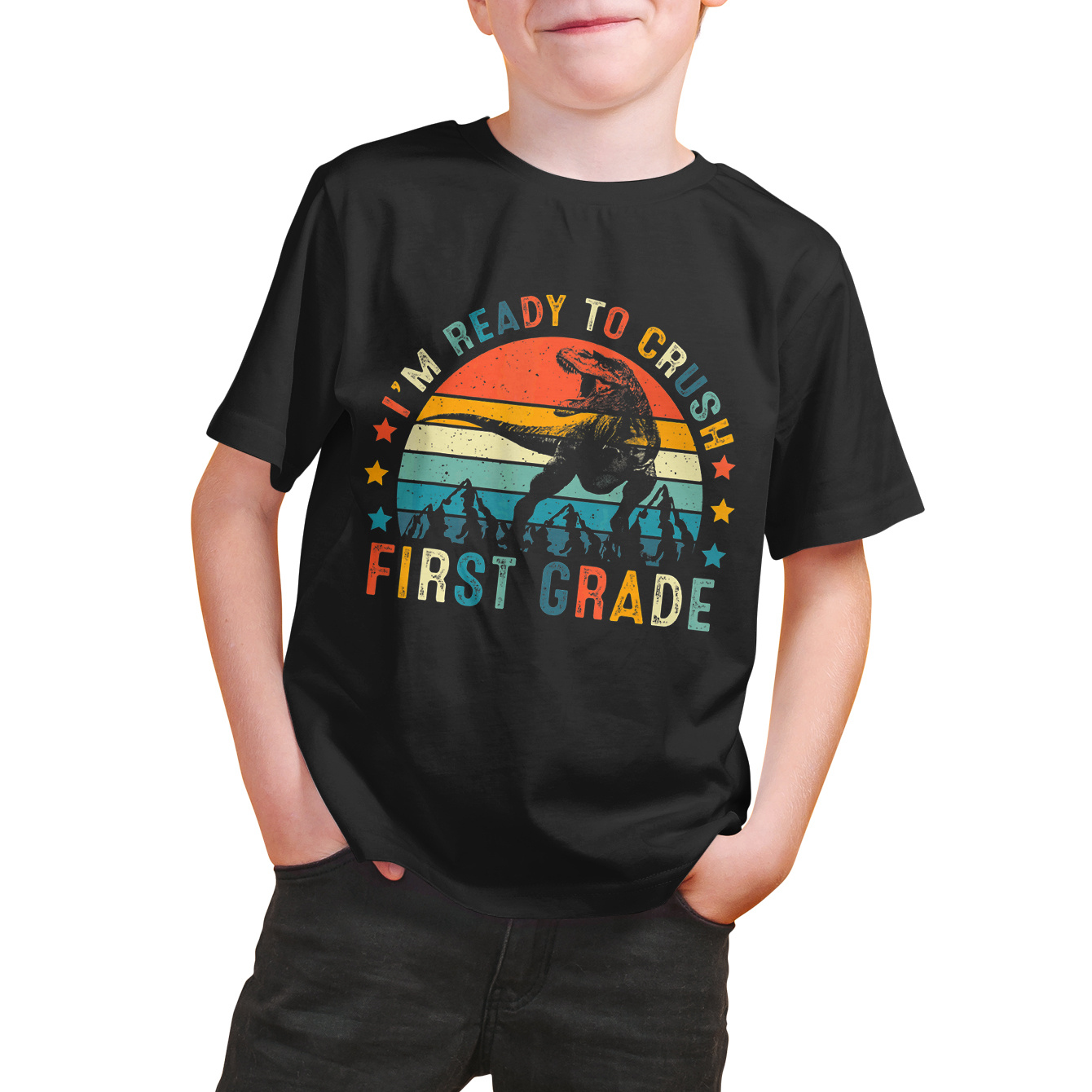 

Kids Cotton T-shirt For The Start Of School Season, 1th Grade Dinosaurs Pattern, Slightly Stretched Short Sleeved Round Neck, Essential For Summer