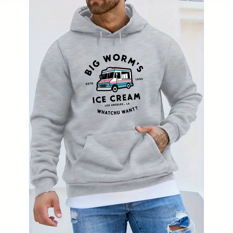 

-lined Men's Hoodie With Ice Cream Car Print - Casual Pullover Sweatshirt For Fall & Winter, Long Sleeve, Kangaroo Pocket