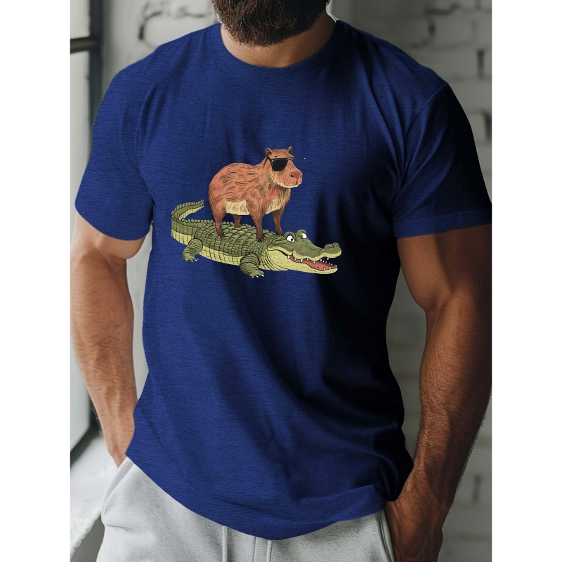 

Green Crocodile With Capybara Print Short Sleeve T-shirt For Men, Summer Casual Athletic Crew Neck Top For Daily Wea