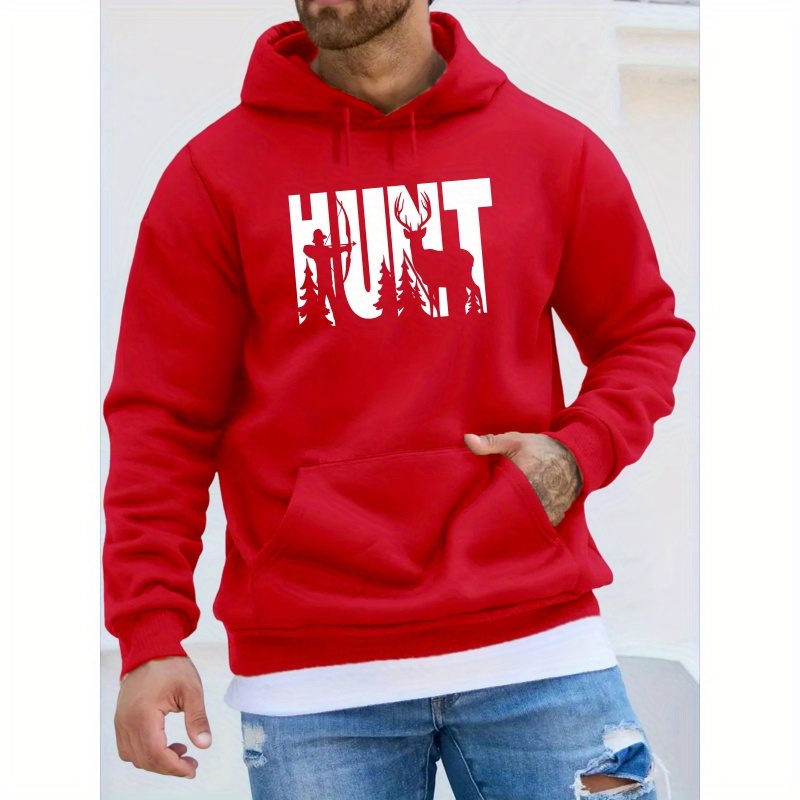 

'hunt' Letter & Graphic Print Men's Casual & Comfy Long Sleeve Hooded Sweatshirt For Autumn And Winter