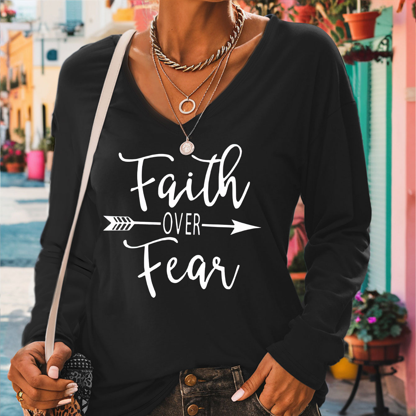 

Faith Print T-shirt, Long Sleeve V Neck Casual Top For Spring & Fall, Women's Clothing