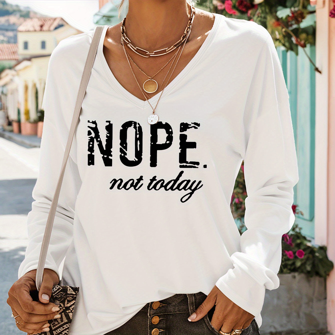 

Nope Print T-shirt, Long Sleeve V Neck Casual Top For Spring & Fall, Women's Clothing