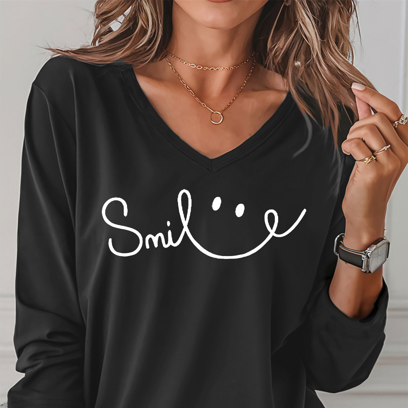 

Smiles Print T-shirt, Long Sleeve V Neck Casual Top For Spring & Fall, Women's Clothing