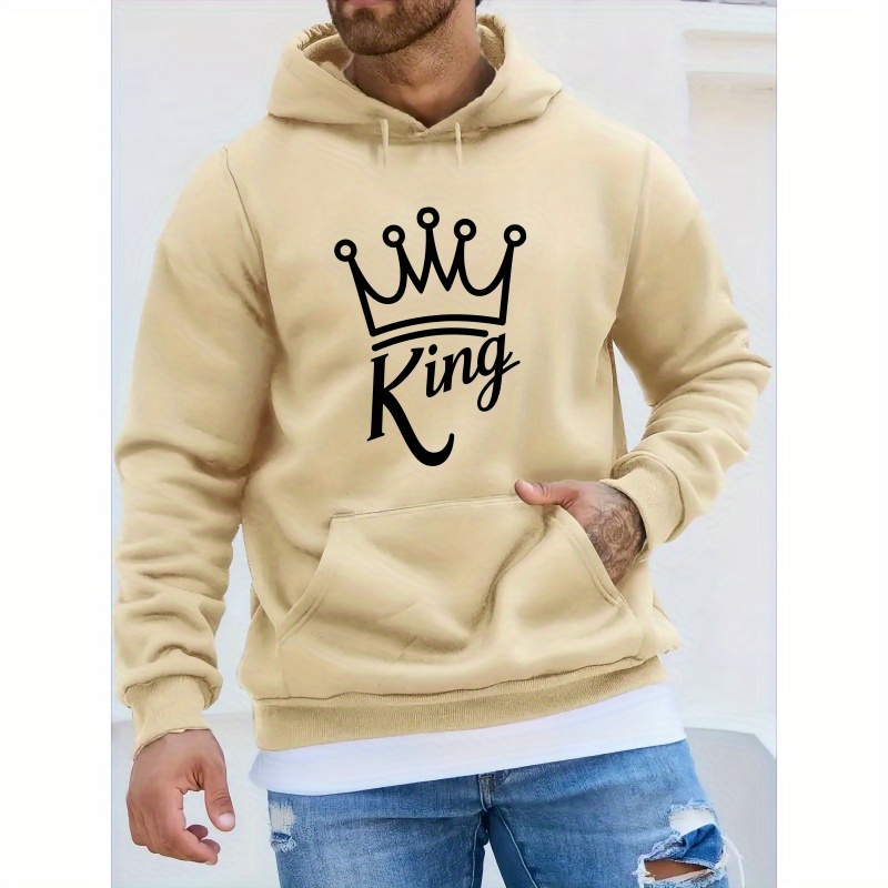 

King Letter & Crown Graphic Print Men's Casual & Comfy Long Sleeve Hooded Sweatshirt For Autumn And Winter