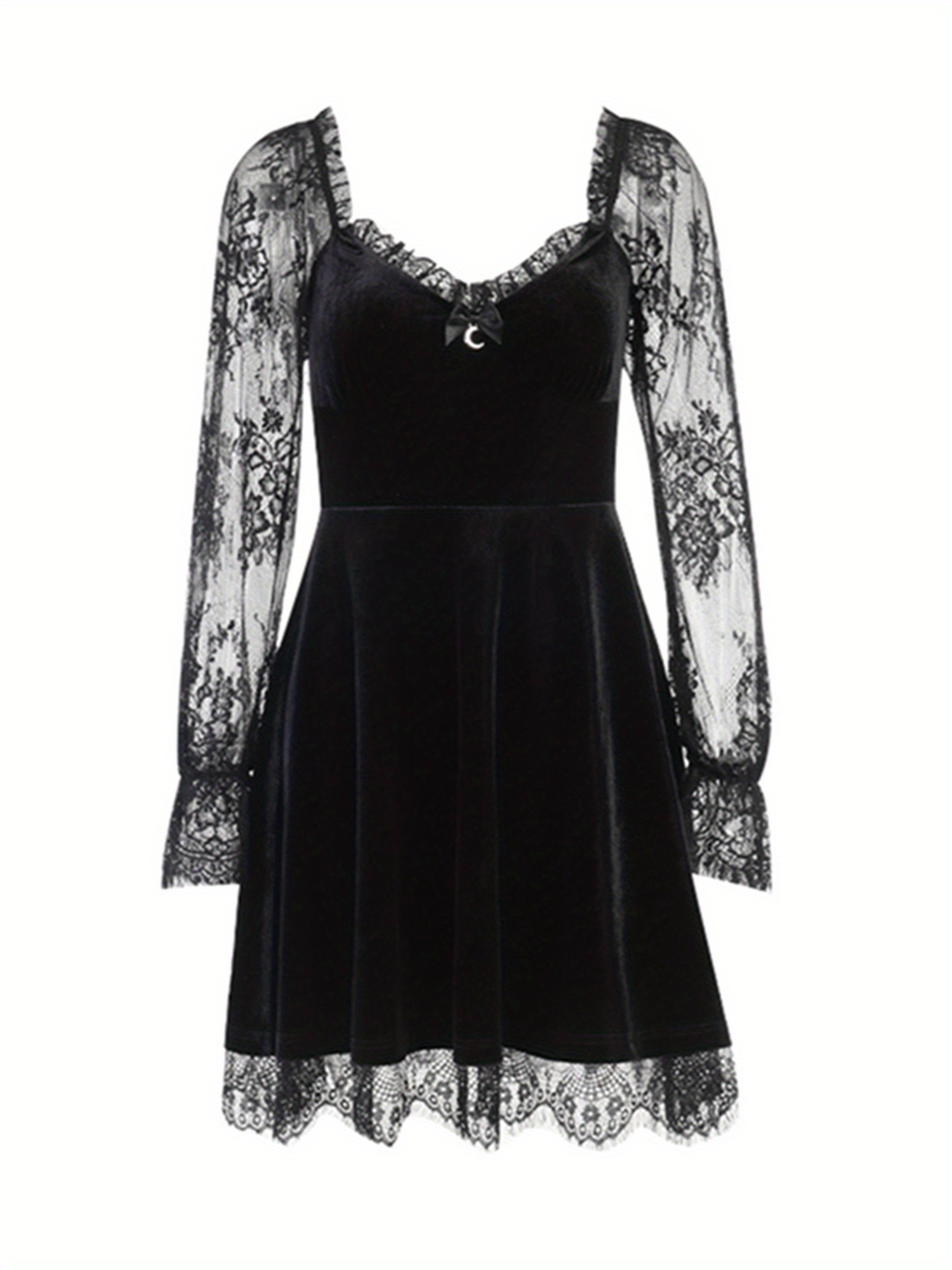 women dress solid color lace stitching v neck long flare - Temu