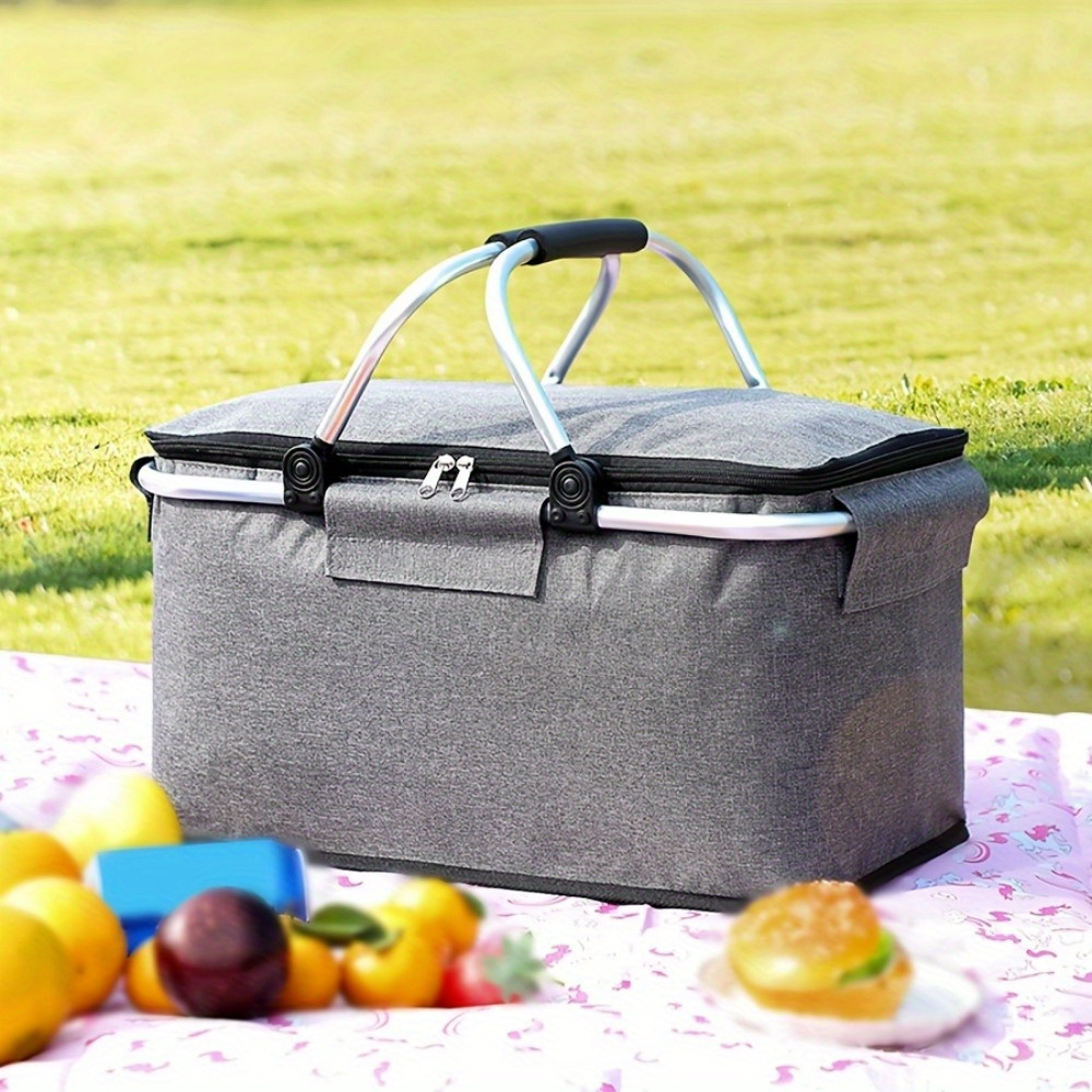 

1pc Contemporary Waterproof Polyester Picnic Basket, Quick-folding Insulated Storage Bag With Aluminum Foil , Rectangular Cooler For , - And Portable